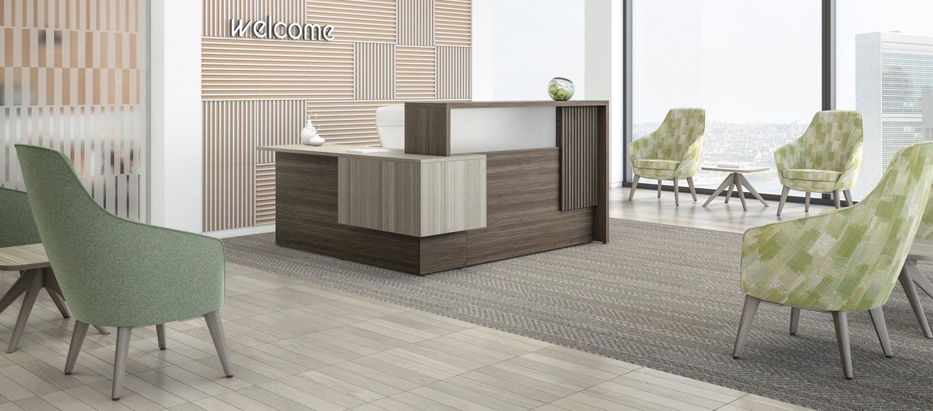 A reception area overlooking a city with 5 chairs and a reception desk in the middle